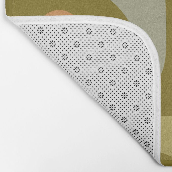 Mid-Century Modern Piquet Minimalist Abstract in Retro Olive Green Celadon Orange Bath Mat Gallery Image 2