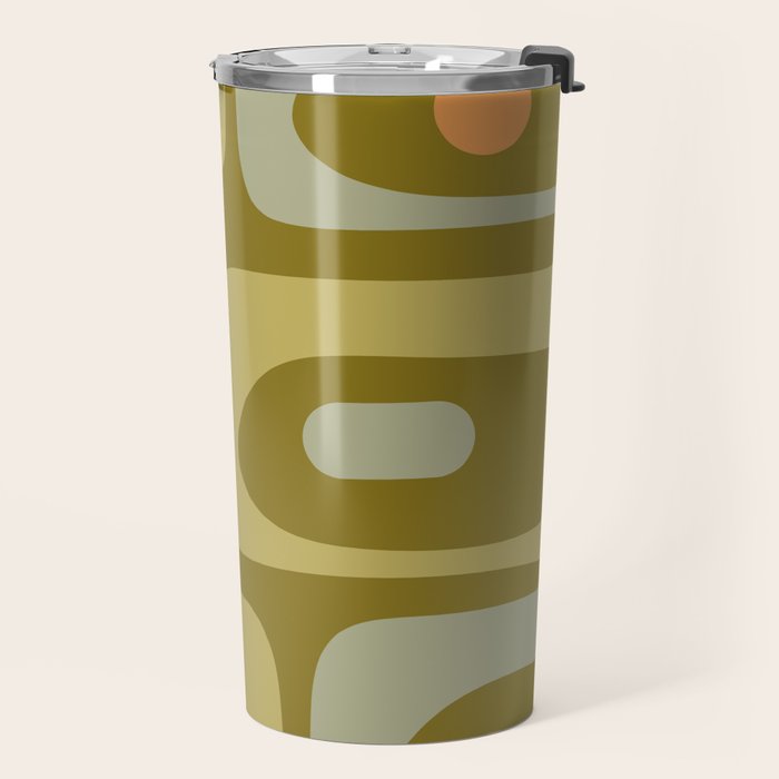 Mid-Century Modern Piquet Minimalist Abstract in Retro Olive Green Celadon Orange Travel Mug Gallery Image 2