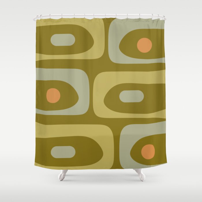 Mid-Century Modern Piquet Minimalist Abstract in Retro Olive Green Celadon Orange Shower Curtain Gallery Image 1