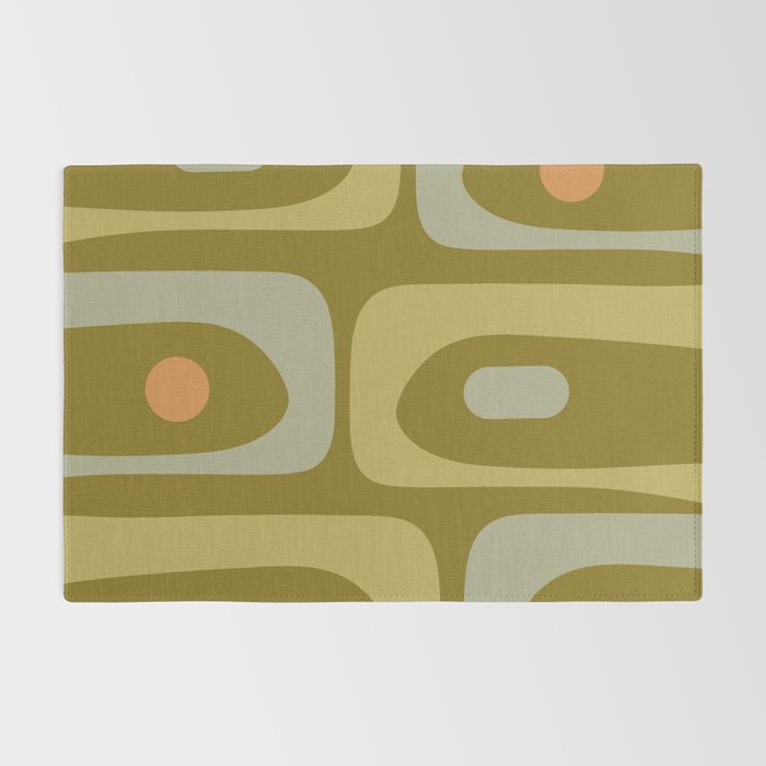 Mid-Century Modern Piquet Minimalist Abstract in Retro Olive Green Celadon Orange Rug Gallery Image 2