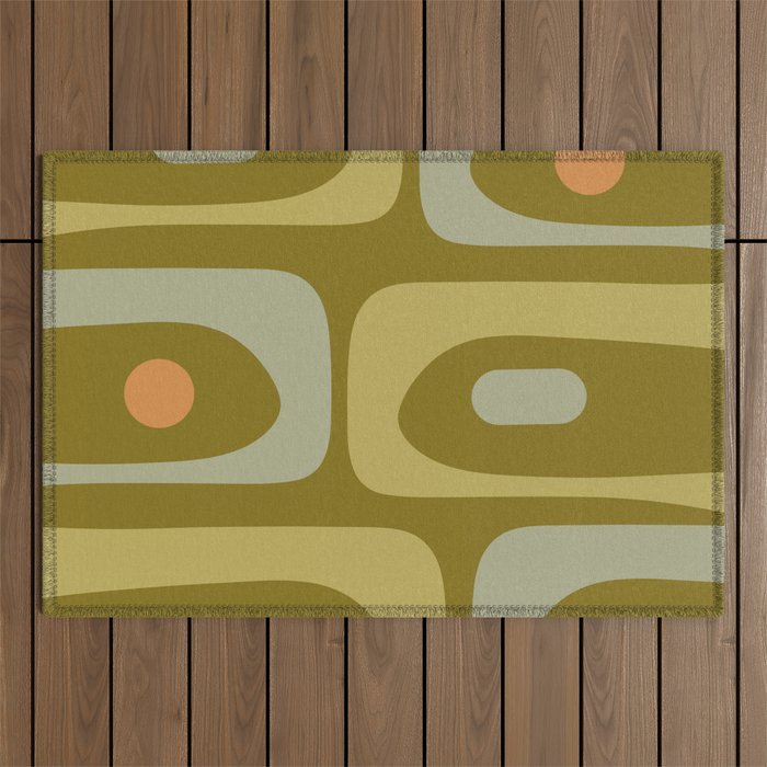 Mid-Century Modern Piquet Minimalist Abstract in Retro Olive Green Celadon Orange Outdoor Rug Gallery Image 1