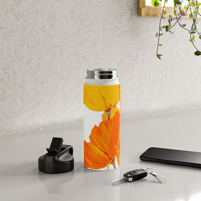 Orange and Yellow Poppies On A White Background #decor #society6 #buyart Water Bottle Gallery Image 4