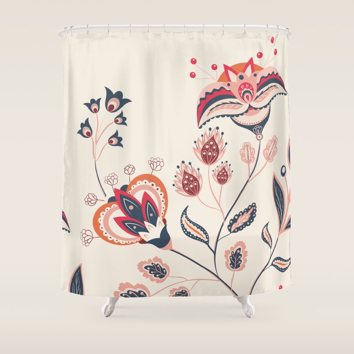 Indian Floral Trail - Ivory Coral Navy Shower Curtain Gallery Image 1