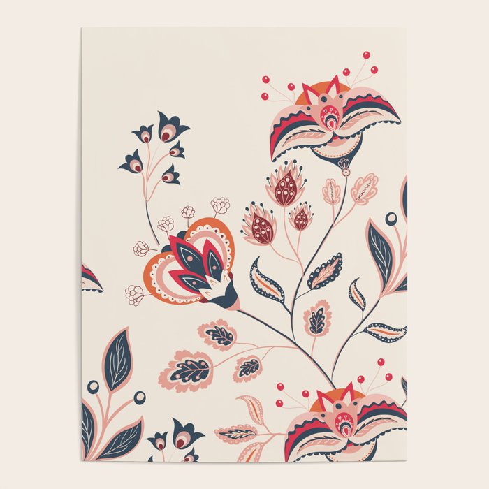 Indian Floral Trail - Ivory Coral Navy Poster Gallery Image 1