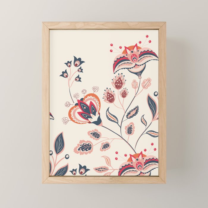 Indian Floral Trail - Ivory Coral Navy Mini Art Print Gallery Image 1