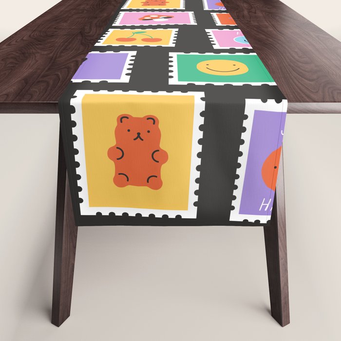 Retro funny cartoon postage stamp sticker pattern Table Runner Gallery Image 1