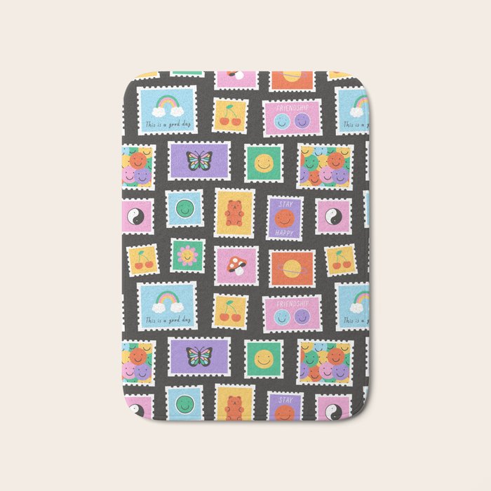 Retro funny cartoon postage stamp sticker pattern Bath Mat Gallery Image 1