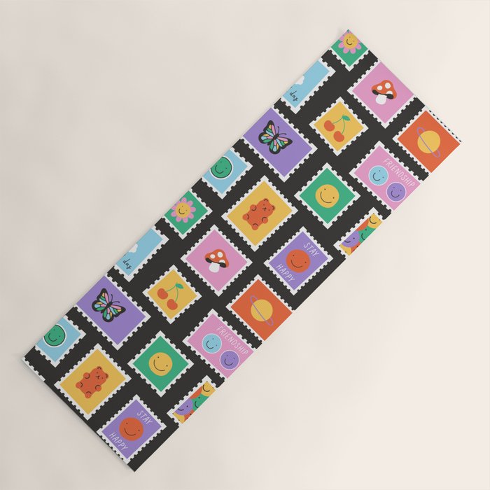 Retro funny cartoon postage stamp sticker pattern Yoga Mat Gallery Image 1
