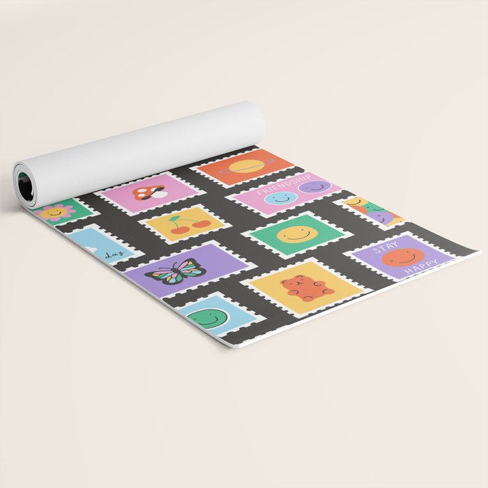 Retro funny cartoon postage stamp sticker pattern Yoga Mat Gallery Image 2