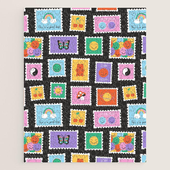Retro funny cartoon postage stamp sticker pattern Jigsaw Puzzle Gallery Image 1
