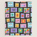 Retro funny cartoon postage stamp sticker pattern Jigsaw Puzzle Gallery Image 1