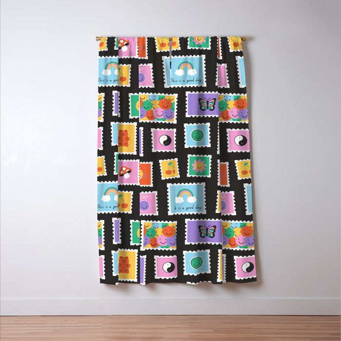 Retro funny cartoon postage stamp sticker pattern Window Curtain Gallery Image 3