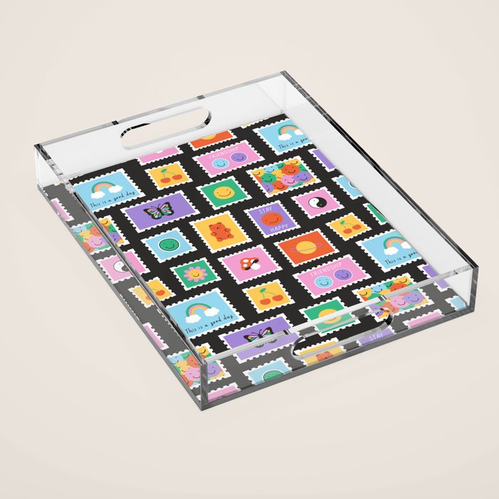 Retro funny cartoon postage stamp sticker pattern Acrylic Tray Gallery Image 1