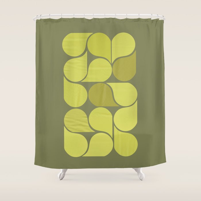 Bright Yellow Teardrop Pattern on Olive Green Shower Curtain Gallery Image 1