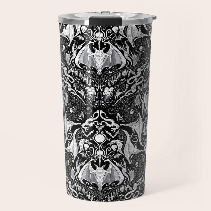 Bats And Beasts - Black and White Travel Mug Gallery Image 1