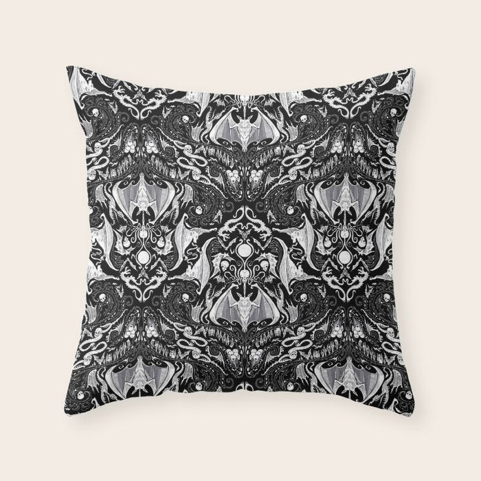 Bats And Beasts - Black and White Throw Pillow Gallery Image 6
