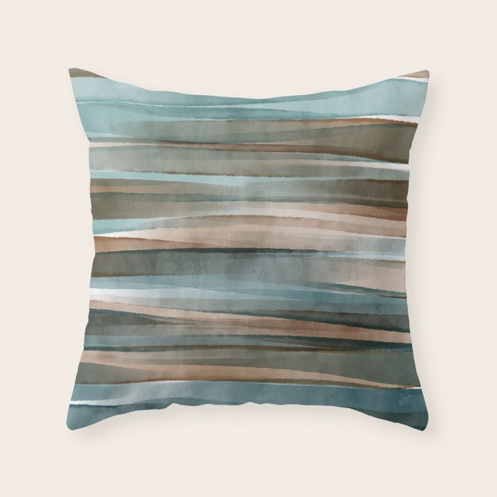 Soft Harbor blue, Teal green & Coca mocha warm brown _ abstract watercolor  waves Throw Pillow Gallery Image 1