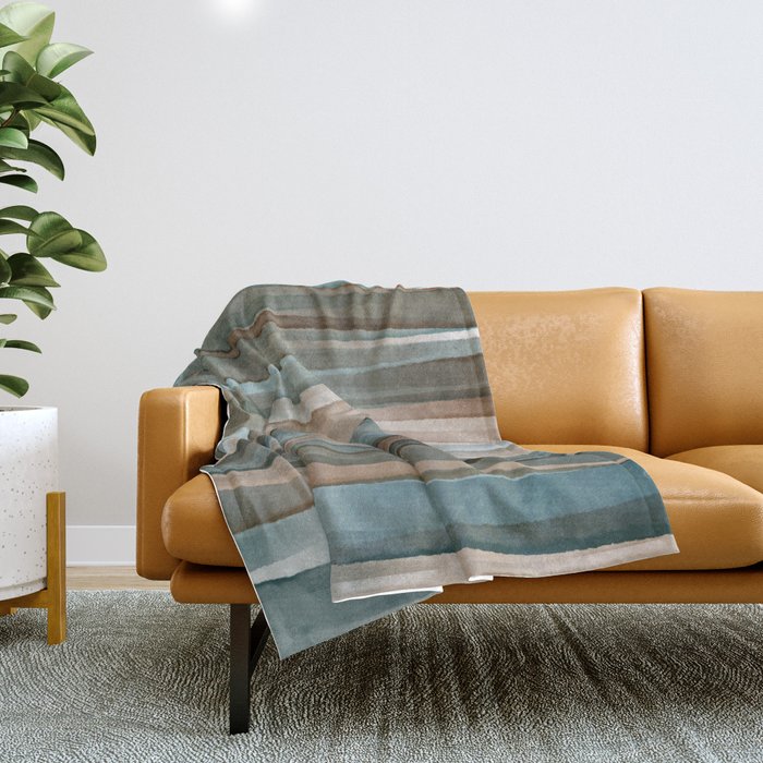 Soft Harbor blue, Teal green & Coca mocha warm brown _ abstract watercolor  waves Throw Blanket Gallery Image 1