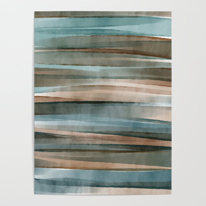 Soft Harbor blue, Teal green & Coca mocha warm brown _ abstract watercolor  waves Poster Gallery Image 1