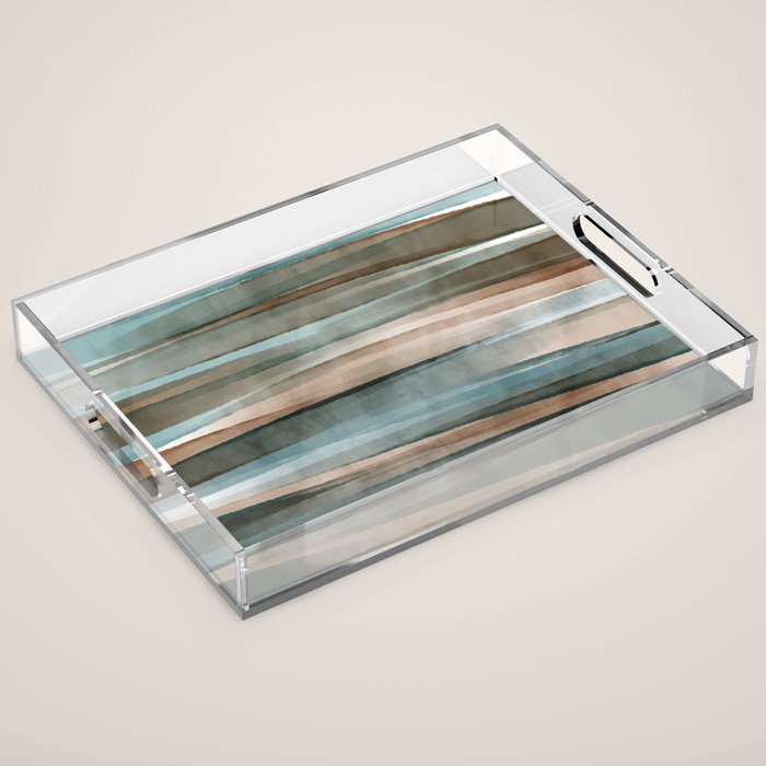 Soft Harbor blue, Teal green & Coca mocha warm brown _ abstract watercolor  waves Acrylic Tray Gallery Image 1