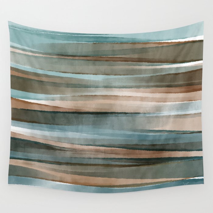 Soft Harbor blue, Teal green & Coca mocha warm brown _ abstract watercolor  waves Wall Tapestry Gallery Image 1