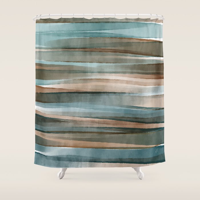Soft Harbor blue, Teal green & Coca mocha warm brown _ abstract watercolor  waves Shower Curtain Gallery Image 1