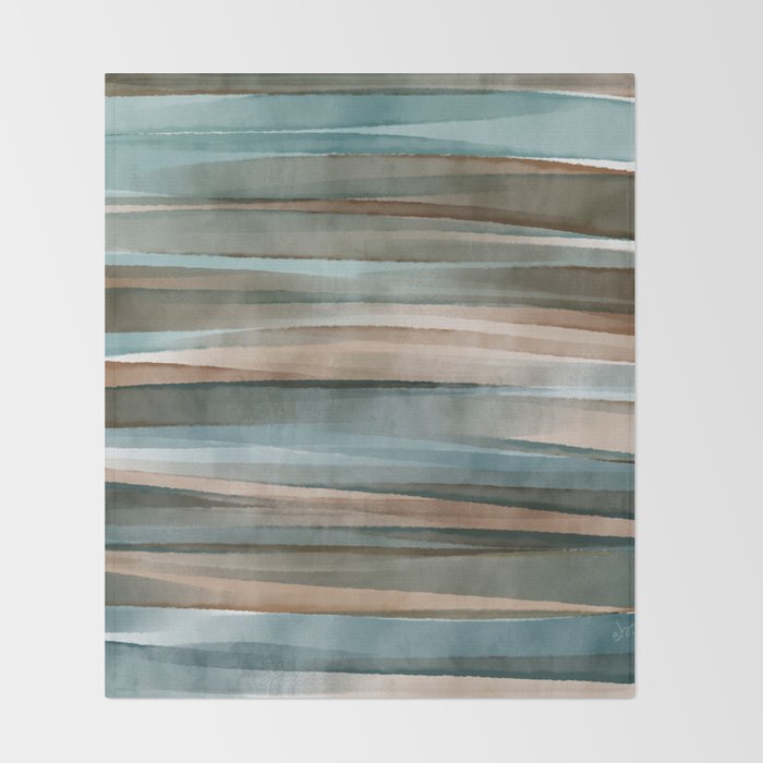 Soft Harbor blue, Teal green & Coca mocha warm brown _ abstract watercolor  waves Throw Blanket Gallery Image 2