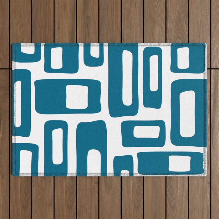 Retro Mid Century Modern Abstract Pattern 336 Peacock Blue Outdoor Rug Gallery Image 1