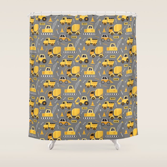 Construction Trucks on Gray Shower Curtain Gallery Image 1