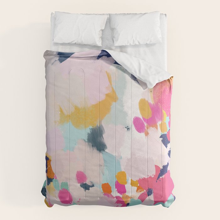 Misty Blooms- abstract - blue , pink and yellow Comforter Gallery Image 6