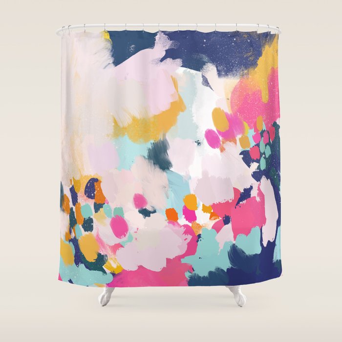 Misty Blooms- abstract - blue , pink and yellow Shower Curtain Gallery Image 1