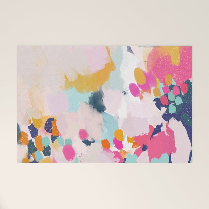 Misty Blooms- Abstract - Blue , Pink And Yellow Welcome Mat