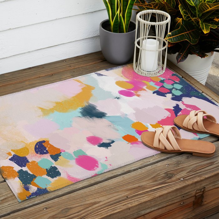 Misty Blooms- abstract - blue , pink and yellow Outdoor Rug Gallery Image 2