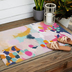 Misty Blooms- abstract - blue , pink and yellow Outdoor Rug Gallery Image 2