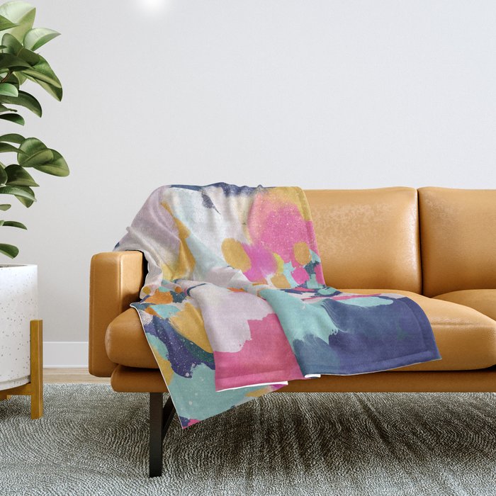 Misty Blooms- abstract - blue , pink and yellow Throw Blanket Gallery Image 1
