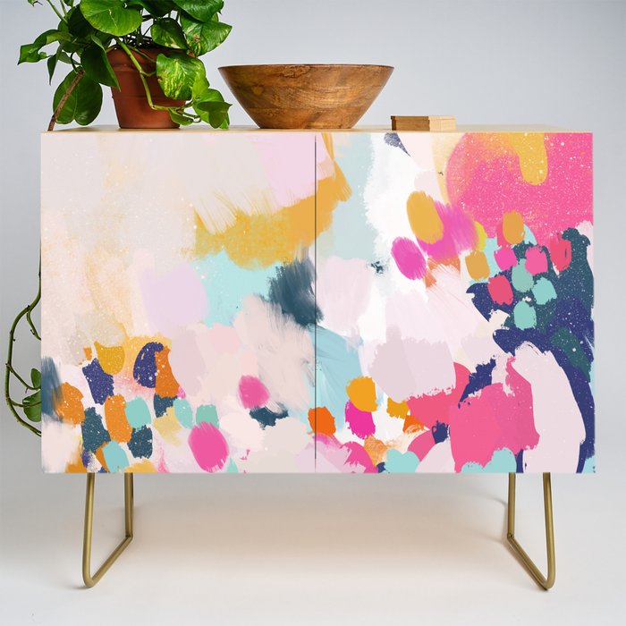Misty Blooms- abstract - blue , pink and yellow Credenza Gallery Image 1