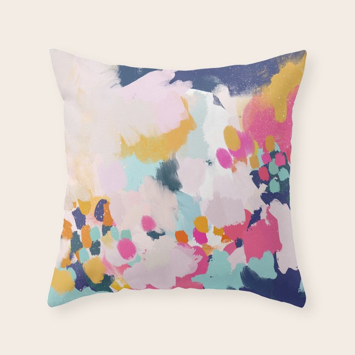 Misty Blooms- abstract - blue , pink and yellow Throw Pillow Gallery Image 1