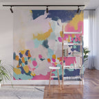 Misty Blooms- abstract - blue , pink and yellow Wall Mural Gallery Image 1