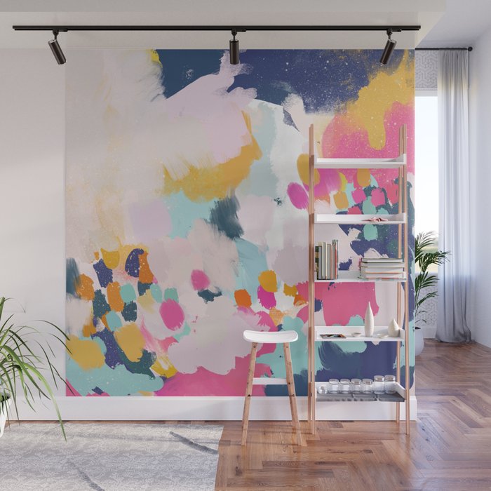 Misty Blooms- abstract - blue , pink and yellow Wall Mural Gallery Image 1
