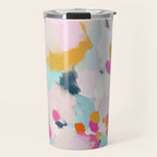 Misty Blooms- abstract - blue , pink and yellow Travel Mug Gallery Image 1