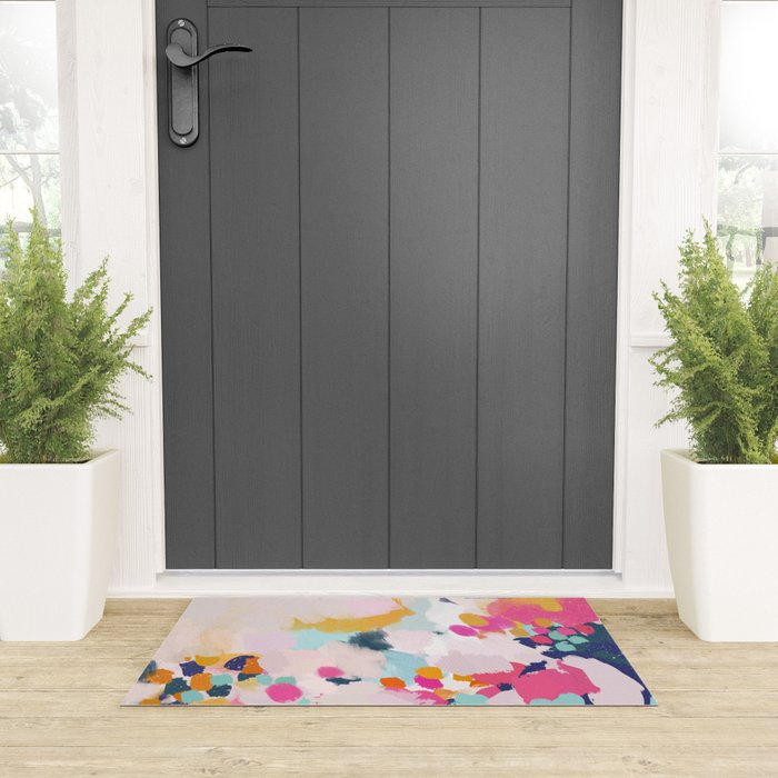 Misty Blooms- abstract - blue , pink and yellow Welcome Mat Gallery Image 3