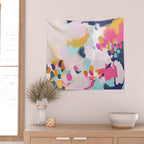 Misty Blooms- abstract - blue , pink and yellow Wall Tapestry Gallery Image 2