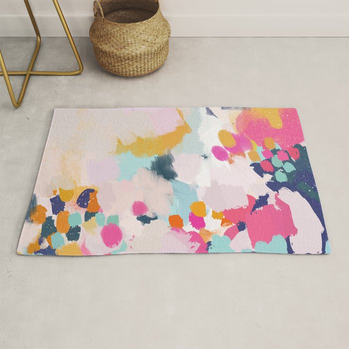Misty Blooms- abstract - blue , pink and yellow Rug Gallery Image 1