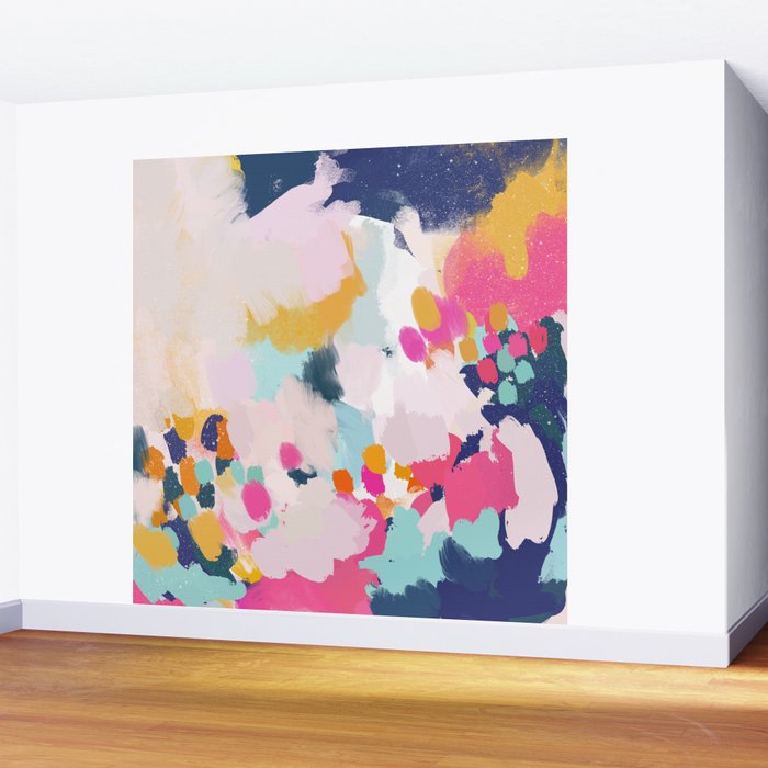 Misty Blooms- abstract - blue , pink and yellow Wall Mural Gallery Image 2