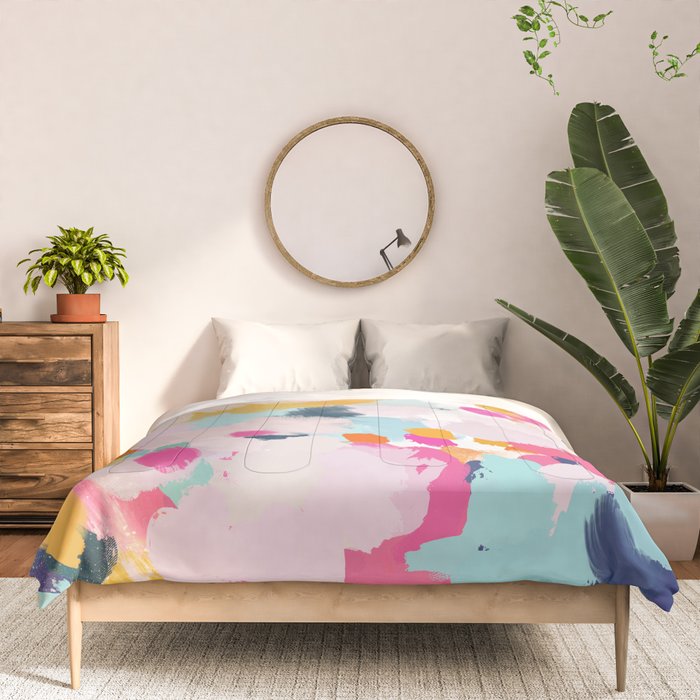 Misty Blooms- abstract - blue , pink and yellow Comforter Gallery Image 3