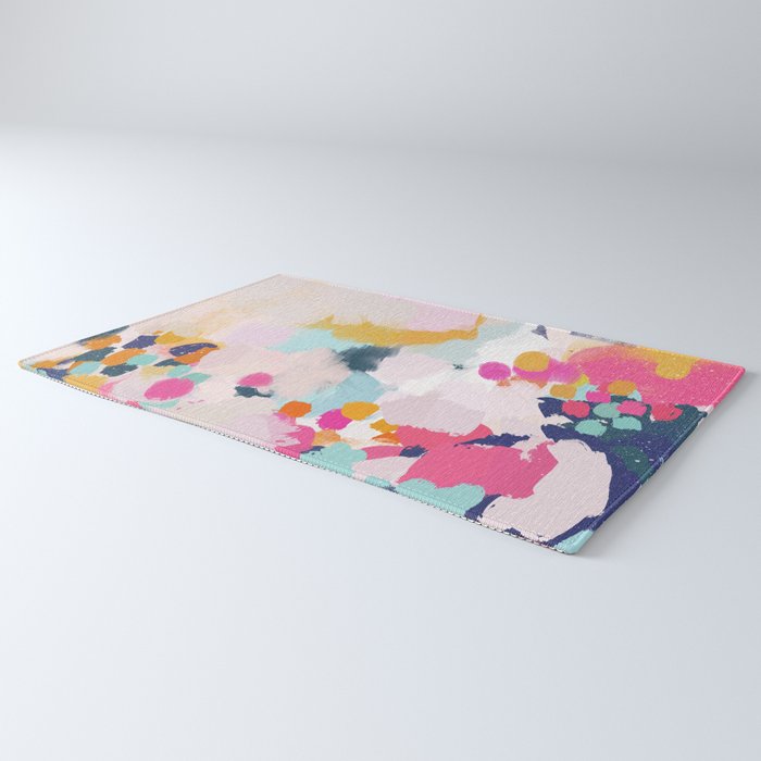 Misty Blooms- abstract - blue , pink and yellow Rug Gallery Image 3