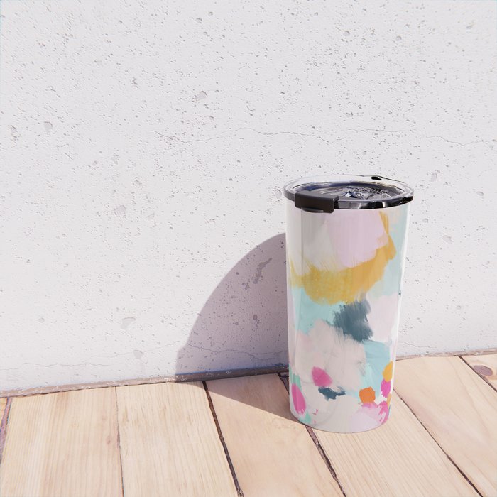 Misty Blooms- abstract - blue , pink and yellow Travel Mug Gallery Image 4