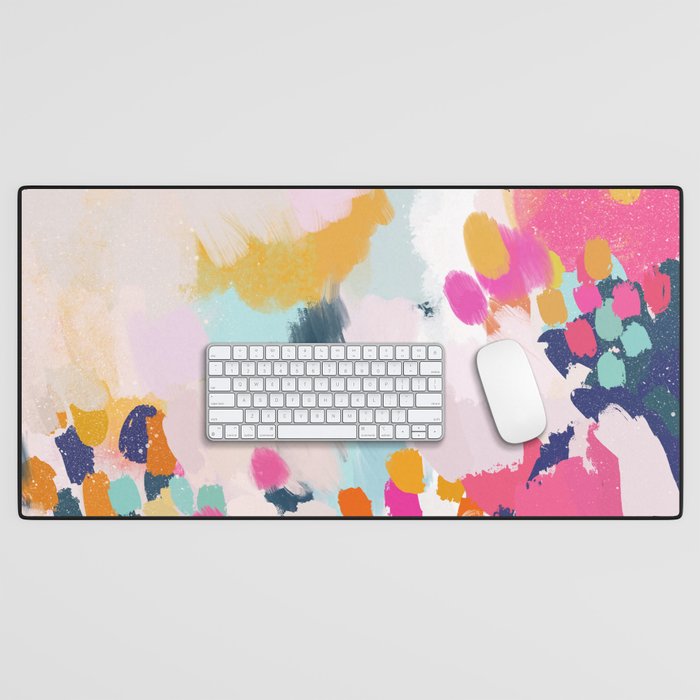 Misty Blooms- abstract - blue , pink and yellow Desk Mat Gallery Image 1