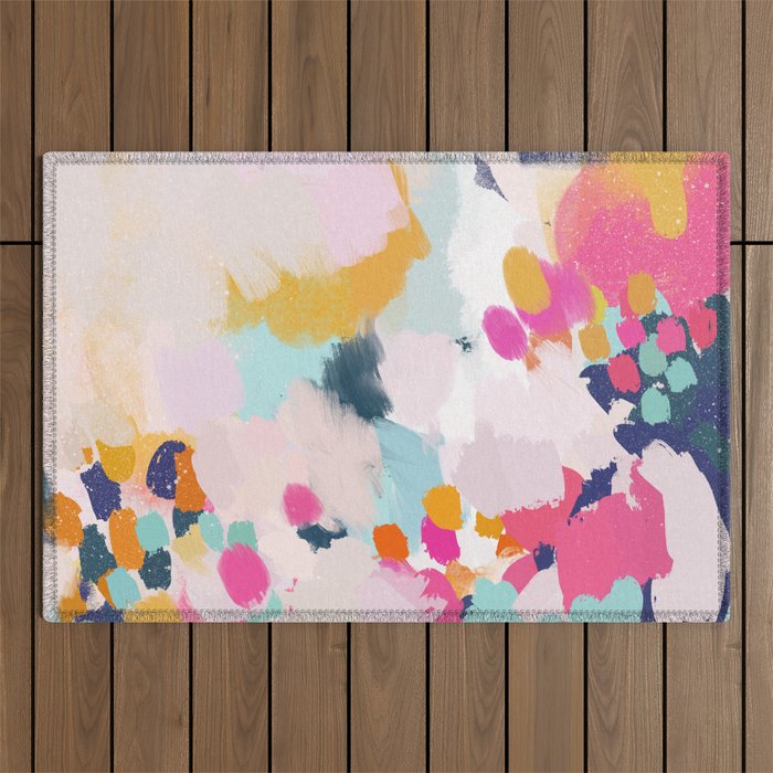 Misty Blooms- abstract - blue , pink and yellow Outdoor Rug Gallery Image 1