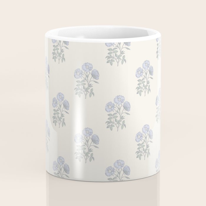 Vintage Sketched Floral Block Print - Blue Beige Coffee Mug Gallery Image 4